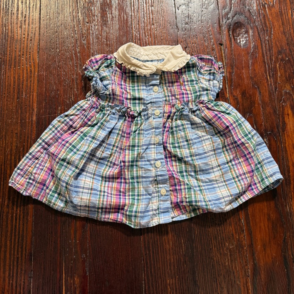 Ralph Lauren Plaid Dress Baby Girl 3M Multi-color Madras Peter Pan Collar